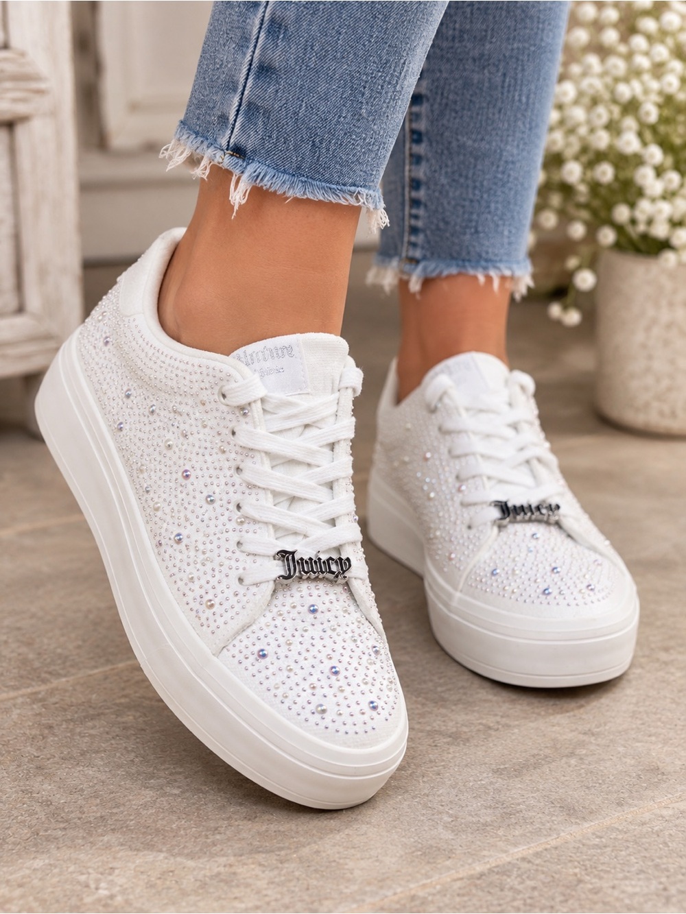 Juicy Couture Alana B White Rhinestone Platform Sneakers
